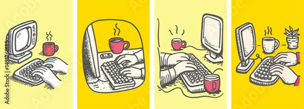 Fototapeta Creative Doodle Illustration of Hands Typing on Desktop Computers