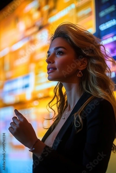 Fototapeta Young woman with long wavy hair and thoughtful expression looking at a large illuminated screen with multiple colorful digital panels
