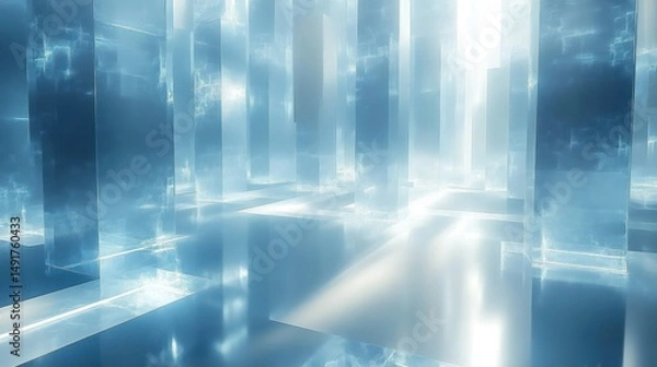 Fototapeta Futuristic translucent pillars in a glowing blue corridor with shining light creating a serene and ethereal atmosphere