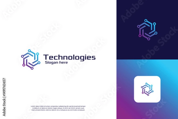 Fototapeta Blockchain logo design. Connection, circuit, digital technology logo template