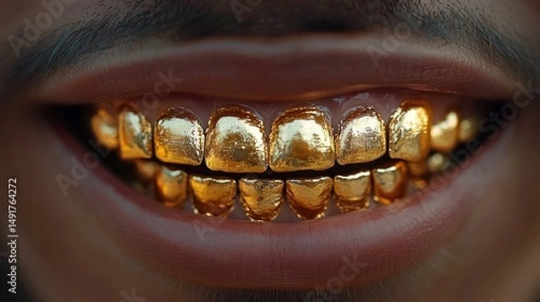 Fototapeta Close-up of a smiling mouth with shiny gold teeth grills reflecting light and smooth skin surrounding the lips