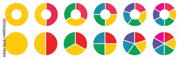 Fototapeta Pie chart set. Colorful diagram collection with sections or steps, segment of circle element icons collection for 1 2 3 4 5 6 7 8 9 10. Vector illustration.