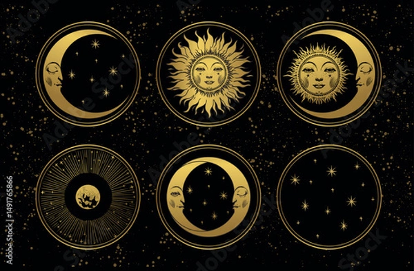 Obraz Set of mystical golden celestial symbols, sun with face, moon and stars on black background banner, astrology icons collection. Vector illustration.
