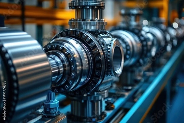Fototapeta Close-up of shiny metallic industrial machinery parts lined up in a factory with a focus on precision engineering components
