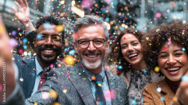 Fototapeta A joyful group of people smiling and celebrating together as colorful confetti falls around them.