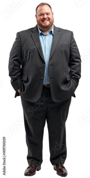 Fototapeta Photorealistic full-body non-binary person, 30s, plus-size, charcoal pinstripe suit, warm friendly gaze, professional studio. Isolated on transparent background. Use for business, HR, diversity,