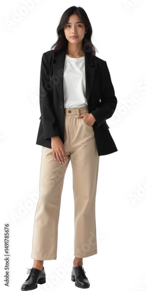 Fototapeta Photorealistic full-body portrait of a professional South Asian woman in early 20s, slim build, focused look, wearing black business casual jacket with beige chinos and white tee,