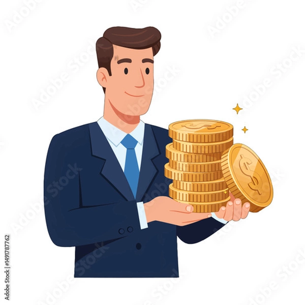 Obraz Businessman Holding Stack Of Gold Coins