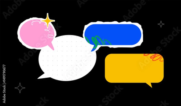 Fototapeta Cut out collage of torn pieces of paper and speech bubbles. Bright textured template design for dialog and notifications.