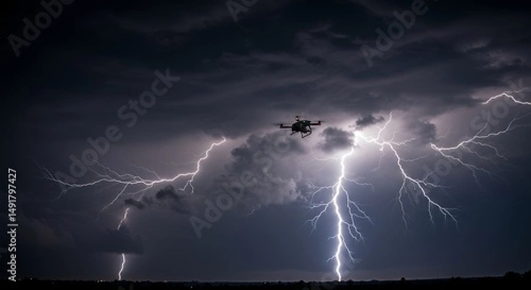 Fototapeta Drone Flying in Thunderstorm with Lightning Strike