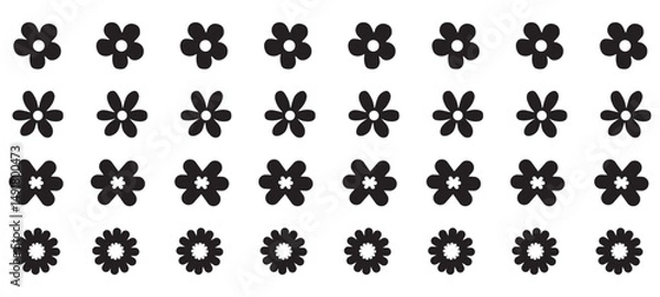 Obraz Groovy daisy flowers set. Flat black icons. Vector illustration.