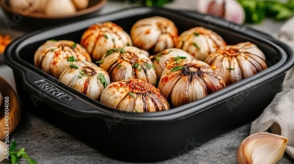 Fototapeta under 200 characters): Whole roasted garlic bulbs in a black baking dish, garnished with herbs and spices, ready to serve on a rustic kitchen table.