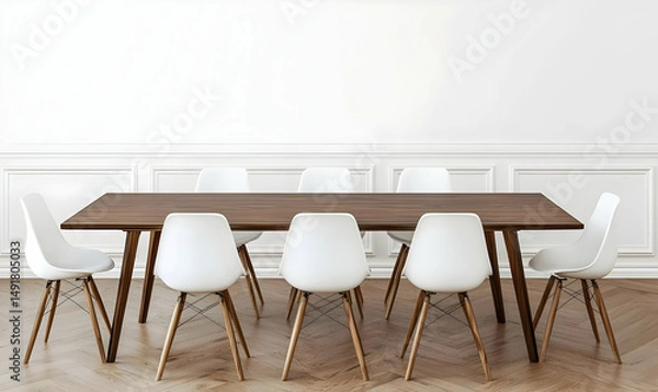 Fototapeta Modern Dining Table with White Chairs in Stylish Interior Space