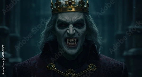 Fototapeta king with golden crown is a scary vampire, face close up dark fantasy