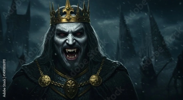Fototapeta king with golden crown is a scary vampire, face close up dark fantasy