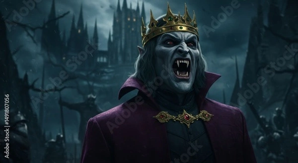 Fototapeta king with golden crown is a scary vampire, face close up dark fantasy