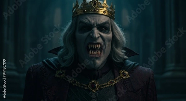 Fototapeta king with golden crown is a scary vampire, face close up