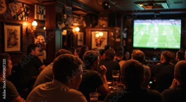 Fototapeta blurred Euphoric soccer fans watching live game in pub