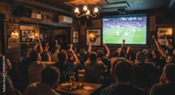 Fototapeta blurred Euphoric soccer fans watching live game in pub