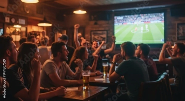 Fototapeta blurred Euphoric soccer fans watching live game in pub