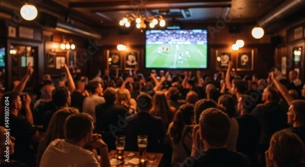 Fototapeta blurred Euphoric soccer fans watching live game in pub
