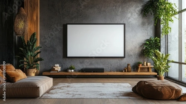Fototapeta Serene living room with a blank television screen for customization options