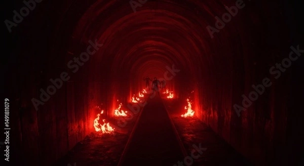 Fototapeta darkness tunnel. Melancholic dark background.. cinematic, flames, and red light, horror creatures