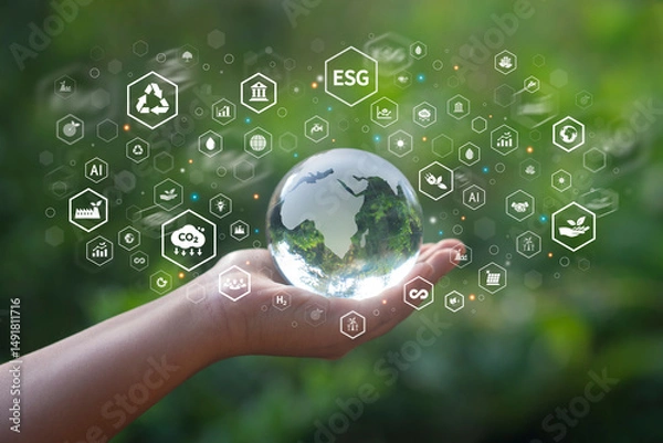 Fototapeta ESG Concepts in Hand for Environmental, Social and Governance in Sustainable and Ethical Business Operations and Net Zero Carbon Emission Technologies Environmental Organizations Sustainable Developme