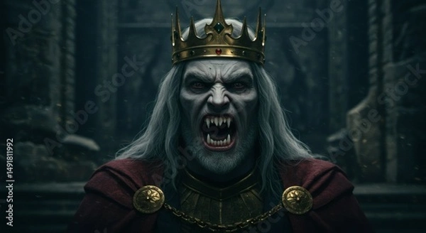Fototapeta king with golden crown is a scary vampire, face close up
