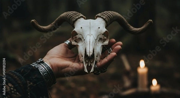 Fototapeta close-up in hand holding a goat skull pagan ritualistic