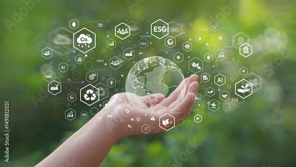 Fototapeta ESG Concepts in Hand for Environmental, Social and Governance in Sustainable and Ethical Business Operations and Net Zero Carbon Emission Technologies Environmental Organizations Sustainable Developme