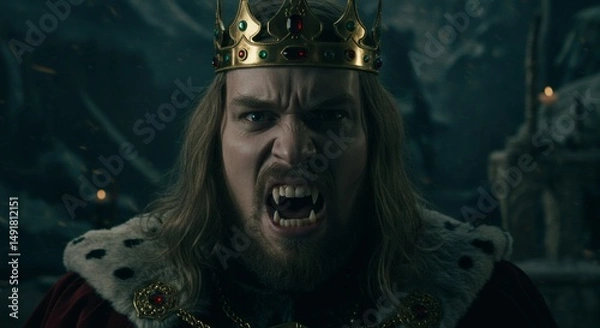 Fototapeta king with golden crown is a scary vampire, face close up