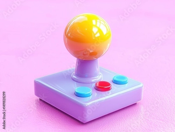 Fototapeta Glossy pastel purple joystick with a bright yellow spherical top and three colorful buttons on a smooth pink surface
