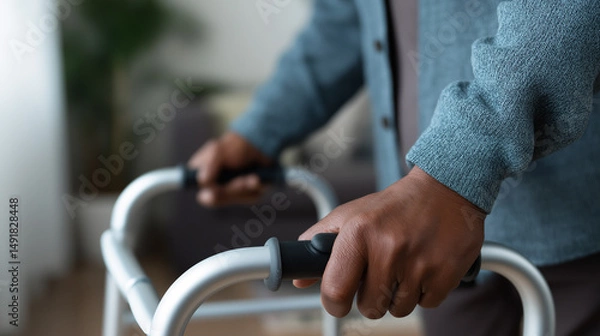 Fototapeta Close-up of a person’s hands gripping a metal walker for support indoors.

