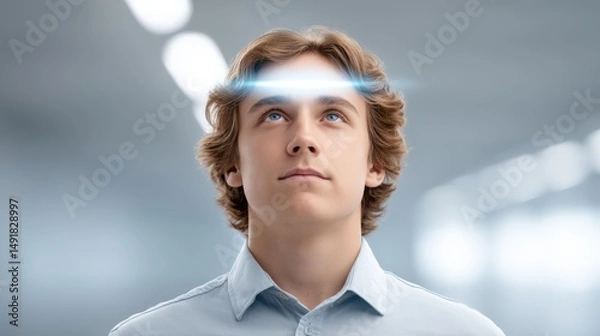 Obraz young person meditating with bright aura forming around their forehead, deep focus state