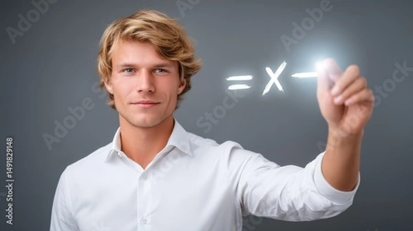 Fototapeta student intensely focused on solving one glowing equation, symbol of mental dedication