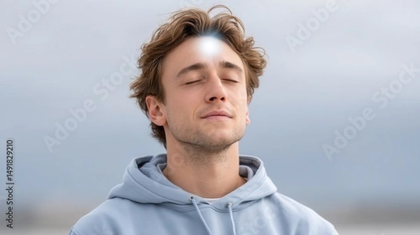 Obraz young person meditating with bright aura forming around their forehead, deep focus state