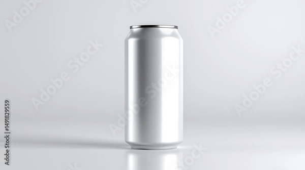 Obraz Tall blank white aluminum can standing upright against a plain white background.
