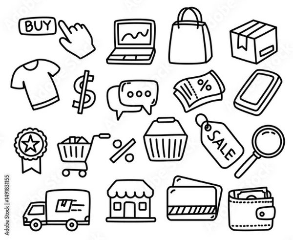 Fototapeta Online shopping doodles collection on a white background. Set of online shopping doodle elements