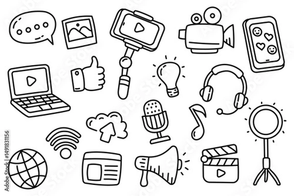Fototapeta Content creator doodles collection on a white background. Set of content creator elements with doodle style