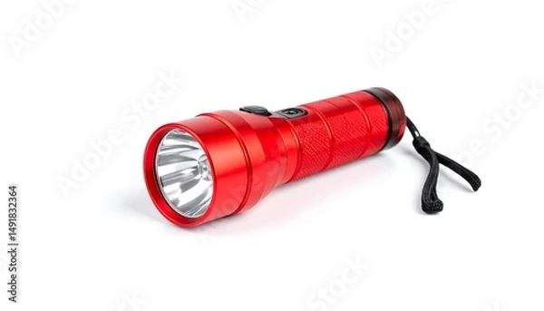 Fototapeta Isolated vibrant red flashlight on white background with a lanyard for easy carry ready to use