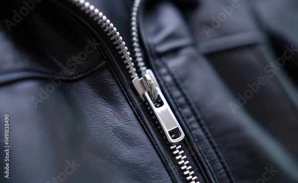 Fototapeta Close-up of a shiny metal zipper on a black leather jacket with a folded collar.
