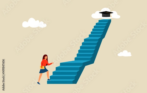 Fototapeta Girl and educational goals. Female student climbing up stairs to reach her goal on the top. Starting her way up to academic cap as symbol college graduation.
