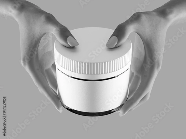 Fototapeta Hand Holding White Blank Plastic Jar Label Mockup 3D Rendering on Gray Background