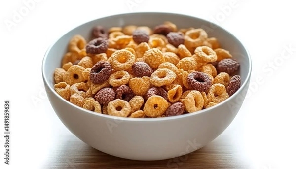 Obraz A bowl of cereal with milk on a plain background.