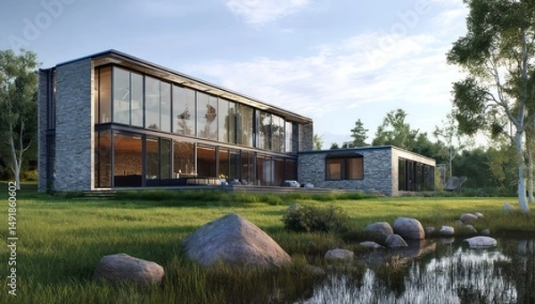 Obraz Country house with large glass windows, offering wide views and natural light into the space.