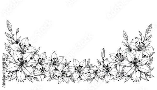 Fototapeta A black  and  white floral border with lilies and buds, arranged in a semi  circular shape on a white background. 