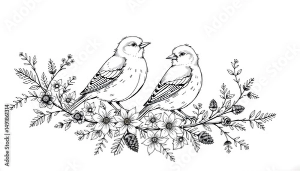 Fototapeta Two birds perched on a floral  adorned branch, depicted in a delicate black  and  white line drawing. 