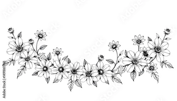 Fototapeta A black  and  white floral sketch of daisy  like flowers and leaves forming a semi  circular border. 