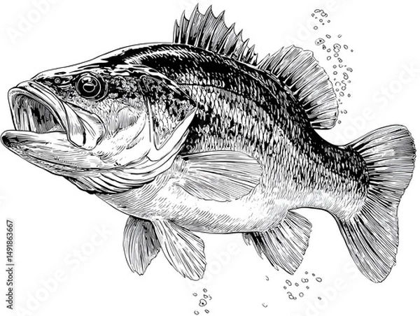 Fototapeta A detailed black and white illustration depicts a largemouth bass fish swimming with its mouth open showing teeth in the water with bubbles.